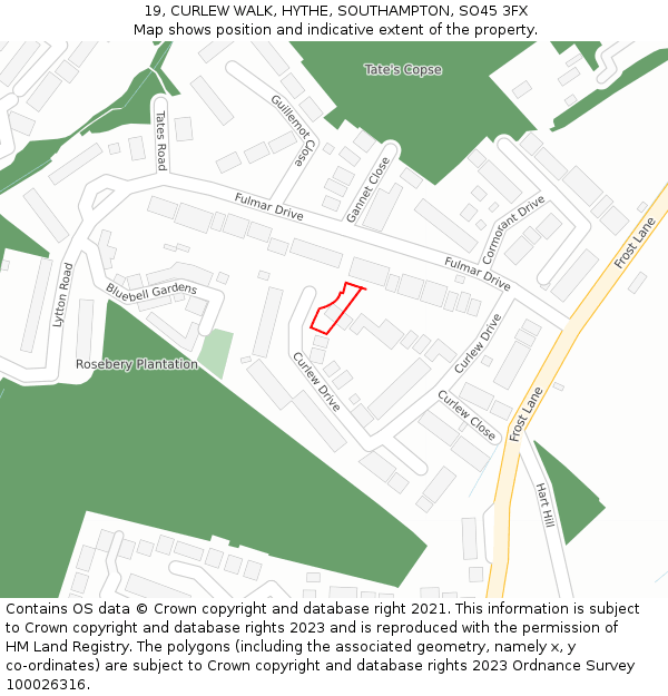 19, CURLEW WALK, HYTHE, SOUTHAMPTON, SO45 3FX: Location map and indicative extent of plot