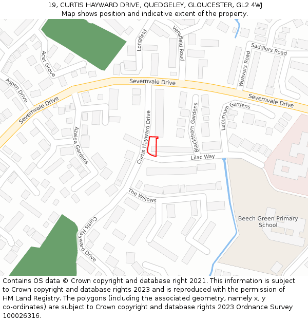 19, CURTIS HAYWARD DRIVE, QUEDGELEY, GLOUCESTER, GL2 4WJ: Location map and indicative extent of plot