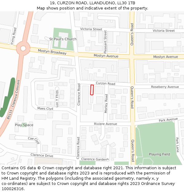 19, CURZON ROAD, LLANDUDNO, LL30 1TB: Location map and indicative extent of plot