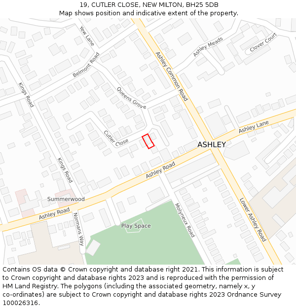 19, CUTLER CLOSE, NEW MILTON, BH25 5DB: Location map and indicative extent of plot