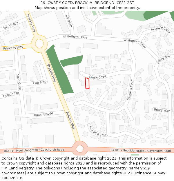 19, CWRT Y COED, BRACKLA, BRIDGEND, CF31 2ST: Location map and indicative extent of plot