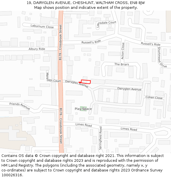 19, DAIRYGLEN AVENUE, CHESHUNT, WALTHAM CROSS, EN8 8JW: Location map and indicative extent of plot