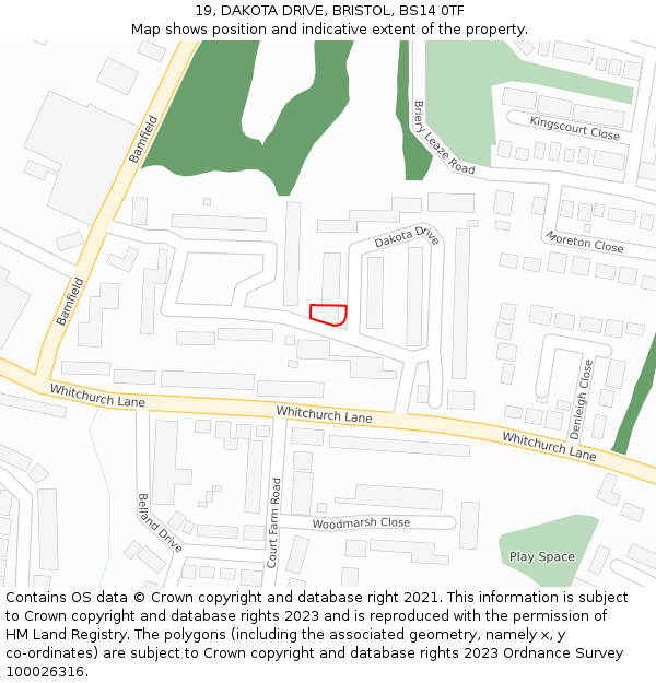 19, DAKOTA DRIVE, BRISTOL, BS14 0TF: Location map and indicative extent of plot