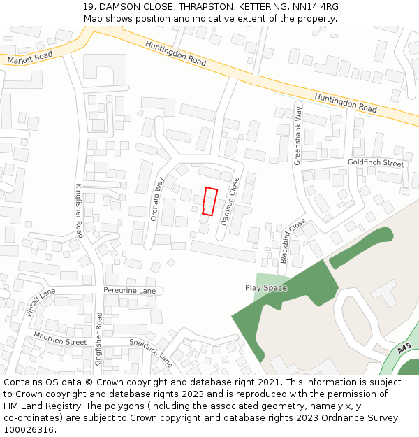 19, DAMSON CLOSE, THRAPSTON, KETTERING, NN14 4RG: Location map and indicative extent of plot