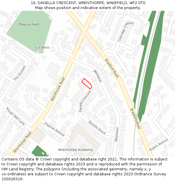 19, DANELLA CRESCENT, WRENTHORPE, WAKEFIELD, WF2 0TG: Location map and indicative extent of plot