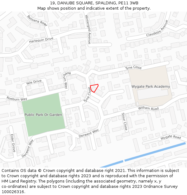 19, DANUBE SQUARE, SPALDING, PE11 3WB: Location map and indicative extent of plot