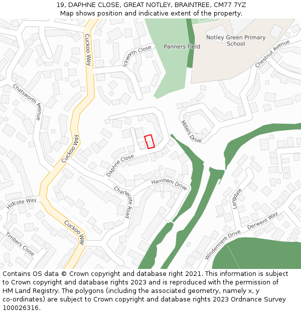19, DAPHNE CLOSE, GREAT NOTLEY, BRAINTREE, CM77 7YZ: Location map and indicative extent of plot