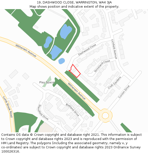 19, DASHWOOD CLOSE, WARRINGTON, WA4 3JA: Location map and indicative extent of plot