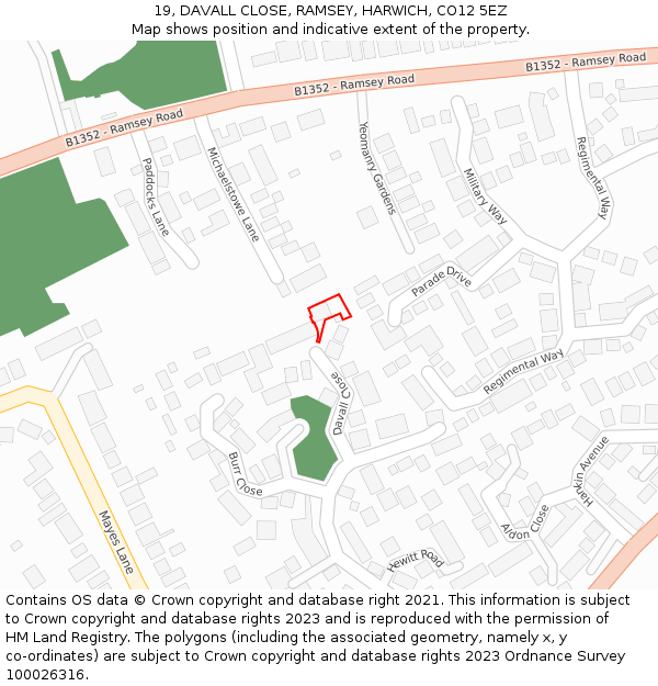 19, DAVALL CLOSE, RAMSEY, HARWICH, CO12 5EZ: Location map and indicative extent of plot