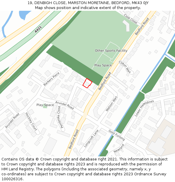 19, DENBIGH CLOSE, MARSTON MORETAINE, BEDFORD, MK43 0JY: Location map and indicative extent of plot