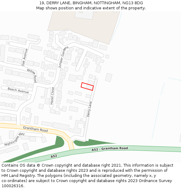 19, DERRY LANE, BINGHAM, NOTTINGHAM, NG13 8DG: Location map and indicative extent of plot