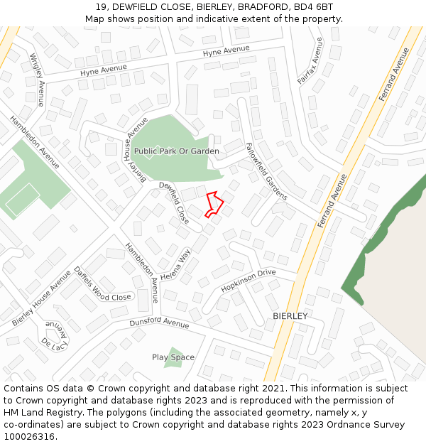 19, DEWFIELD CLOSE, BIERLEY, BRADFORD, BD4 6BT: Location map and indicative extent of plot