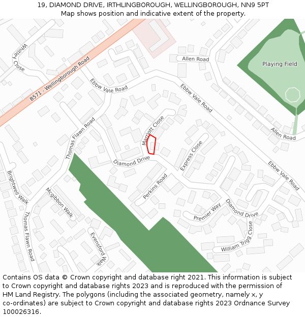 19, DIAMOND DRIVE, IRTHLINGBOROUGH, WELLINGBOROUGH, NN9 5PT: Location map and indicative extent of plot