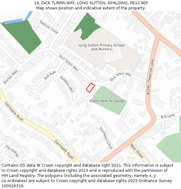 19, DICK TURPIN WAY, LONG SUTTON, SPALDING, PE12 9EP: Location map and indicative extent of plot