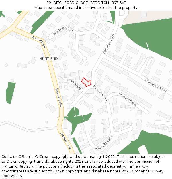 19, DITCHFORD CLOSE, REDDITCH, B97 5XT: Location map and indicative extent of plot