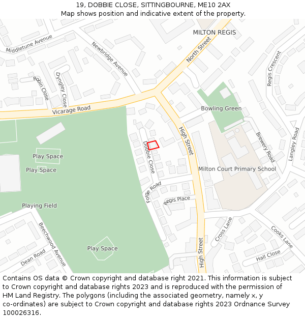 19, DOBBIE CLOSE, SITTINGBOURNE, ME10 2AX: Location map and indicative extent of plot