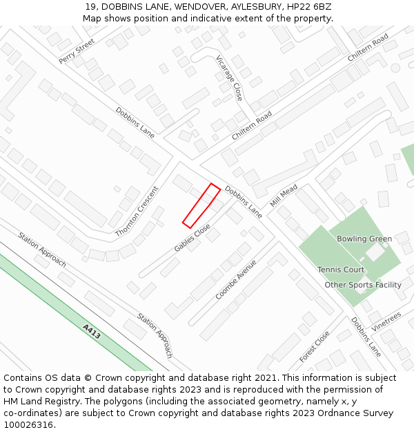 19, DOBBINS LANE, WENDOVER, AYLESBURY, HP22 6BZ: Location map and indicative extent of plot