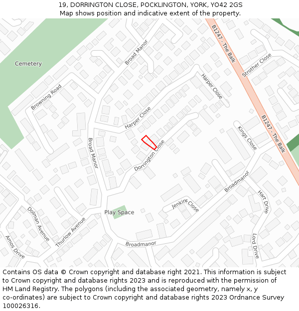 19, DORRINGTON CLOSE, POCKLINGTON, YORK, YO42 2GS: Location map and indicative extent of plot