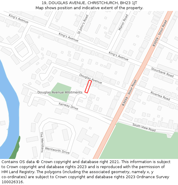 19, DOUGLAS AVENUE, CHRISTCHURCH, BH23 1JT: Location map and indicative extent of plot