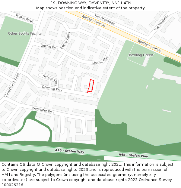 19, DOWNING WAY, DAVENTRY, NN11 4TN: Location map and indicative extent of plot
