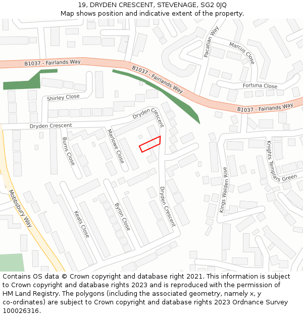 19, DRYDEN CRESCENT, STEVENAGE, SG2 0JQ: Location map and indicative extent of plot