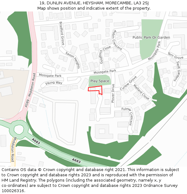 19, DUNLIN AVENUE, HEYSHAM, MORECAMBE, LA3 2SJ: Location map and indicative extent of plot