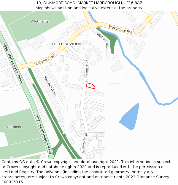 19, DUNMORE ROAD, MARKET HARBOROUGH, LE16 8AZ: Location map and indicative extent of plot