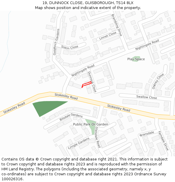 19, DUNNOCK CLOSE, GUISBOROUGH, TS14 8LX: Location map and indicative extent of plot