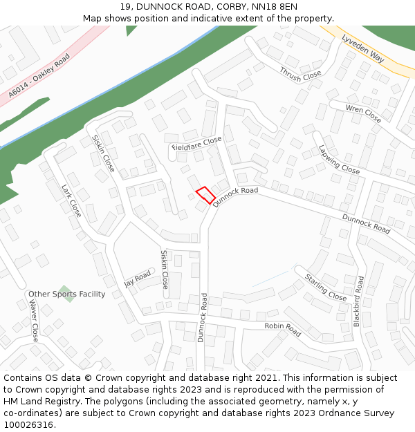 19, DUNNOCK ROAD, CORBY, NN18 8EN: Location map and indicative extent of plot