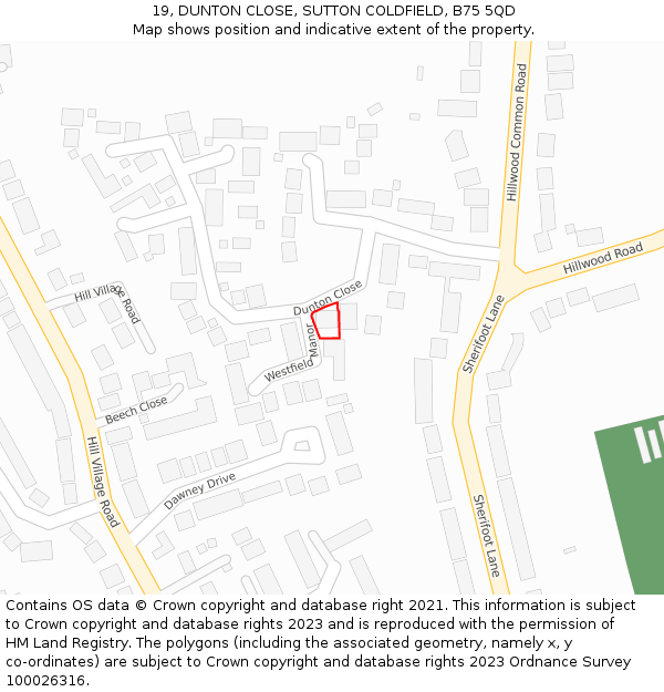 19, DUNTON CLOSE, SUTTON COLDFIELD, B75 5QD: Location map and indicative extent of plot
