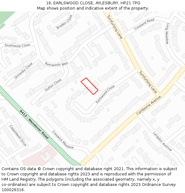 19, EARLSWOOD CLOSE, AYLESBURY, HP21 7PG: Location map and indicative extent of plot