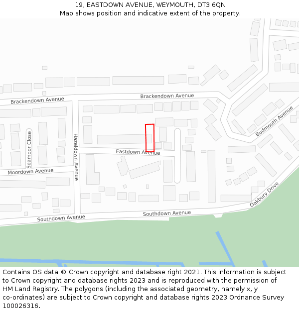 19, EASTDOWN AVENUE, WEYMOUTH, DT3 6QN: Location map and indicative extent of plot