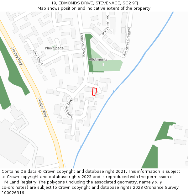 19, EDMONDS DRIVE, STEVENAGE, SG2 9TJ: Location map and indicative extent of plot