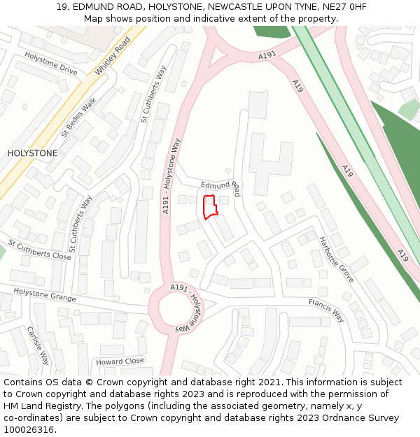 19, EDMUND ROAD, HOLYSTONE, NEWCASTLE UPON TYNE, NE27 0HF: Location map and indicative extent of plot