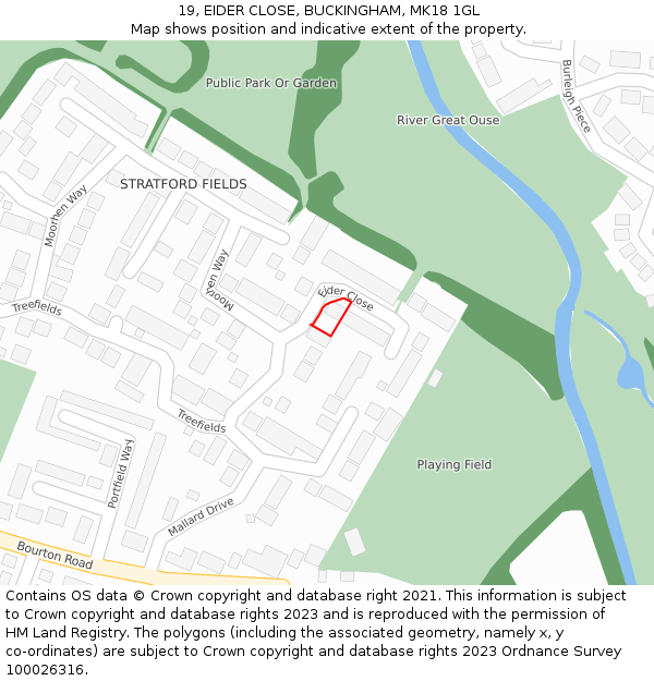 19, EIDER CLOSE, BUCKINGHAM, MK18 1GL: Location map and indicative extent of plot