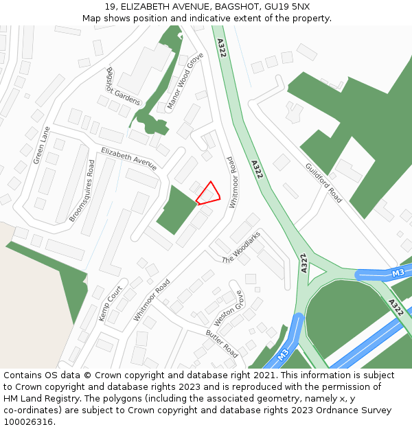 19, ELIZABETH AVENUE, BAGSHOT, GU19 5NX: Location map and indicative extent of plot