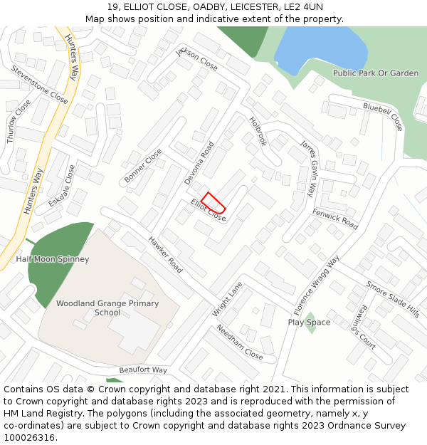 19, ELLIOT CLOSE, OADBY, LEICESTER, LE2 4UN: Location map and indicative extent of plot