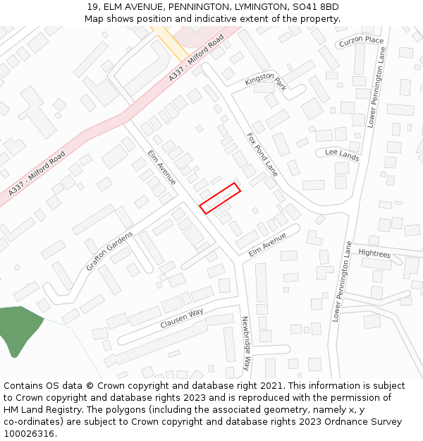 19, ELM AVENUE, PENNINGTON, LYMINGTON, SO41 8BD: Location map and indicative extent of plot