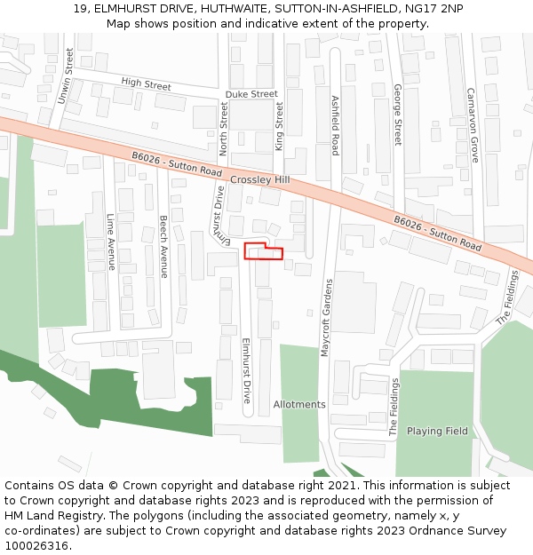 19, ELMHURST DRIVE, HUTHWAITE, SUTTON-IN-ASHFIELD, NG17 2NP: Location map and indicative extent of plot
