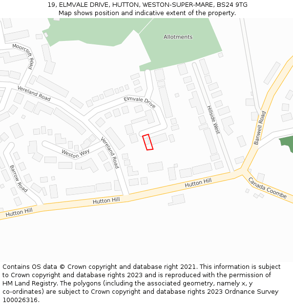 19, ELMVALE DRIVE, HUTTON, WESTON-SUPER-MARE, BS24 9TG: Location map and indicative extent of plot