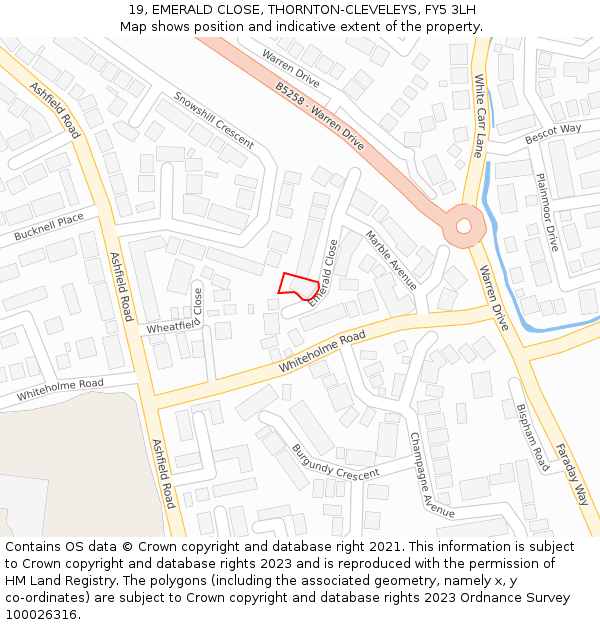 19, EMERALD CLOSE, THORNTON-CLEVELEYS, FY5 3LH: Location map and indicative extent of plot