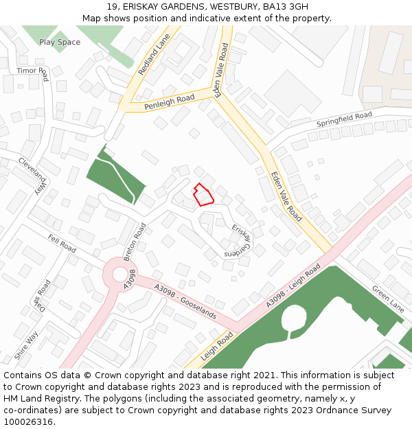 19, ERISKAY GARDENS, WESTBURY, BA13 3GH: Location map and indicative extent of plot