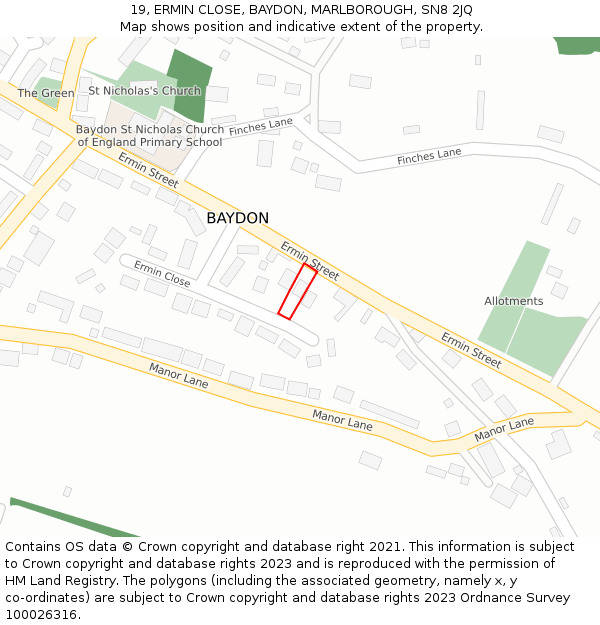 19, ERMIN CLOSE, BAYDON, MARLBOROUGH, SN8 2JQ: Location map and indicative extent of plot