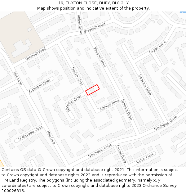 19, EUXTON CLOSE, BURY, BL8 2HY: Location map and indicative extent of plot