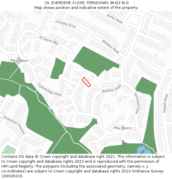 19, EVERDENE CLOSE, FERNDOWN, BH22 8LG: Location map and indicative extent of plot