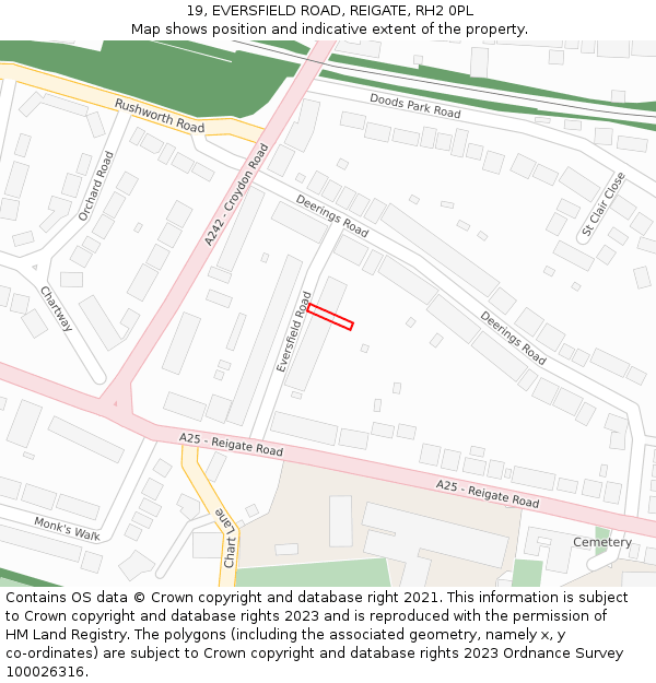 19, EVERSFIELD ROAD, REIGATE, RH2 0PL: Location map and indicative extent of plot