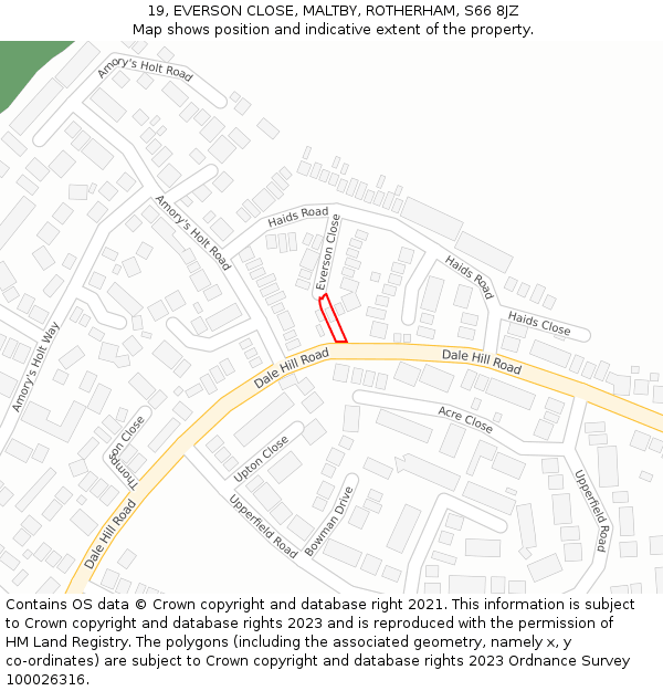 19, EVERSON CLOSE, MALTBY, ROTHERHAM, S66 8JZ: Location map and indicative extent of plot