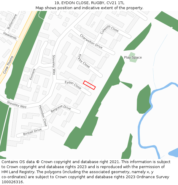 19, EYDON CLOSE, RUGBY, CV21 1TL: Location map and indicative extent of plot