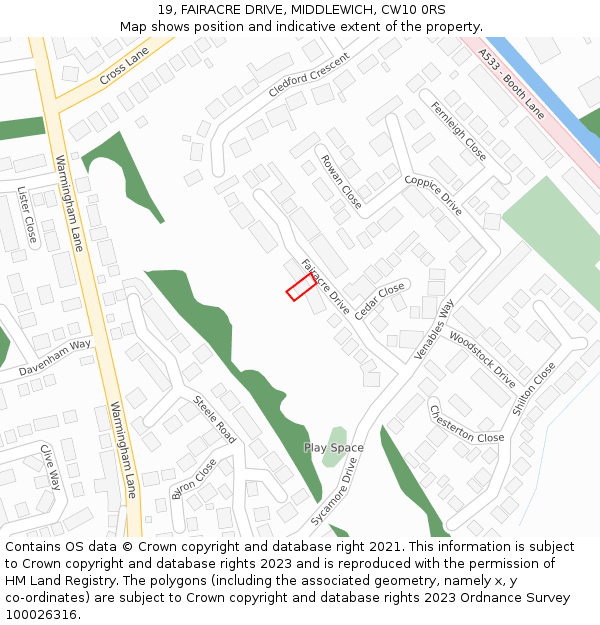 19, FAIRACRE DRIVE, MIDDLEWICH, CW10 0RS: Location map and indicative extent of plot