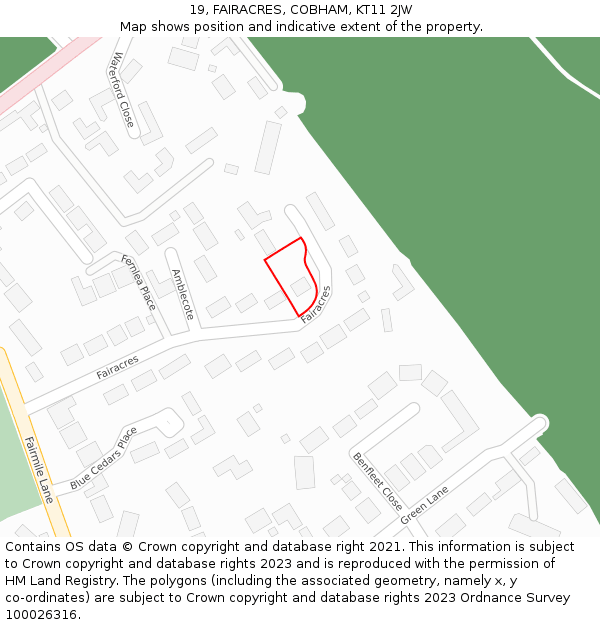 19, FAIRACRES, COBHAM, KT11 2JW: Location map and indicative extent of plot